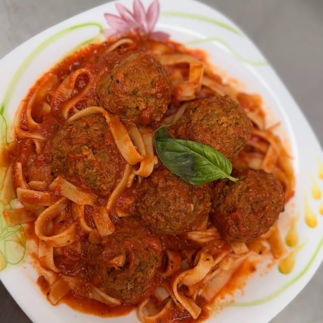 Fettuccine Marinara with meatballs.